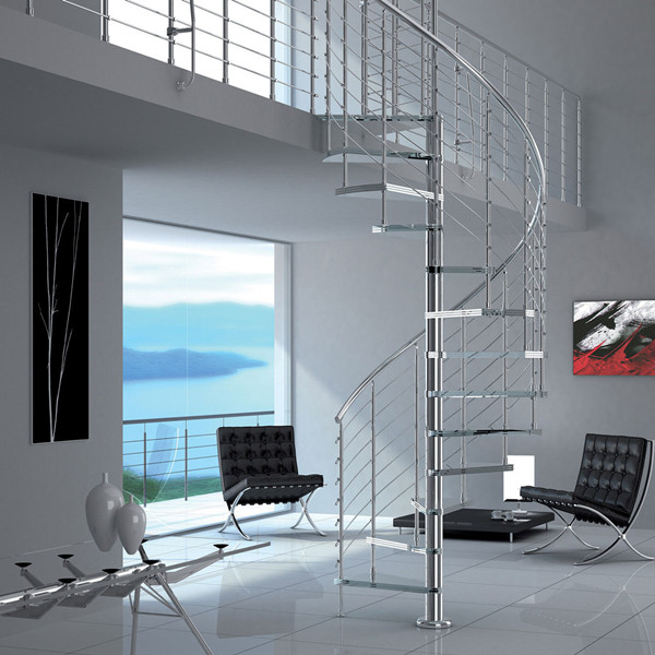 Modern Indoor Stainless Steel Glass Spiral Staircase with Rod Railing PR-S11